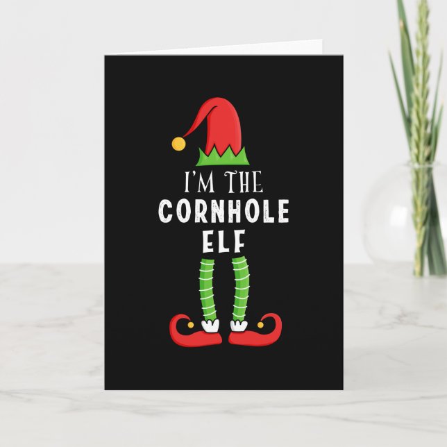 Tarjeta Navidades del elfo de Cornhole con regalo familiar (Anverso)