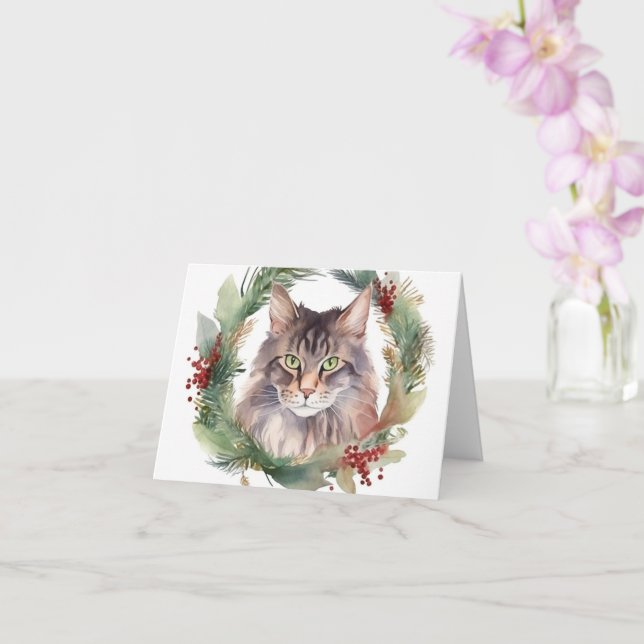 Tarjeta Navidades del gato Maine Coon Wreath Festive Kitte (Orquídea)