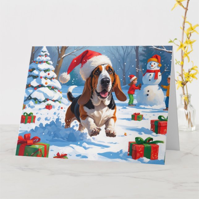 Tarjeta Navidades del Hound Basset Festive Escena de Nieve (flor amarilla)