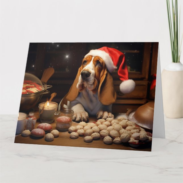 Tarjeta Navidades del óbice basset celebran festividades (Anverso)