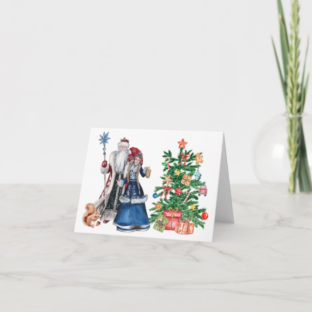 Tarjeta Navidades del padre ruso Frost y Snegurochka (Anverso)