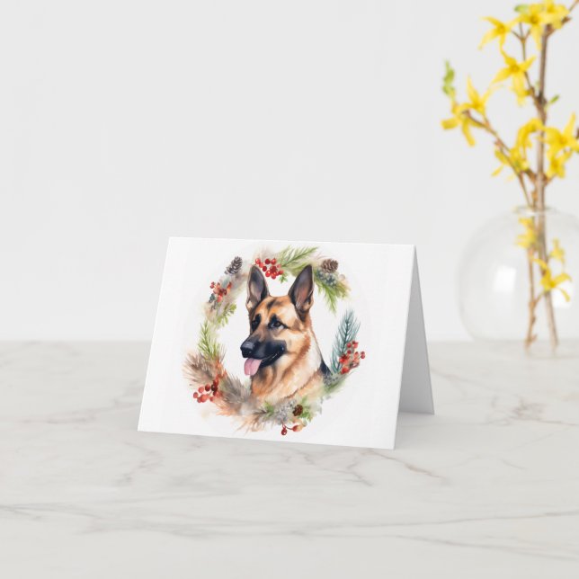 Tarjeta Navidades del Pastor Alemán Wreath Festive Pup (flor amarilla)
