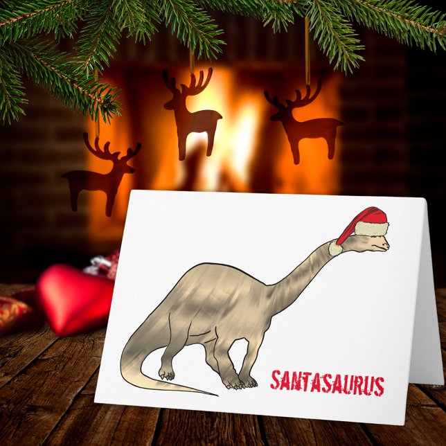Tarjeta Navidades divertidos Brontosaurus Santa Dinosaur S (Christmas dinosaur santasaurus  cute brontosaurus wearing a Santa hat holiday greetings card )