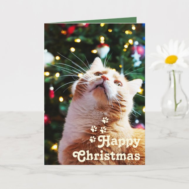 Tarjeta Navidades divertidos Cat y Green Tree&Happy Únicos (Planta pequeña)