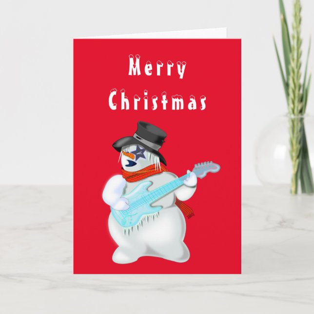 Tarjeta Navidades divertidos con guitarra y muñeco de niev (Anverso)