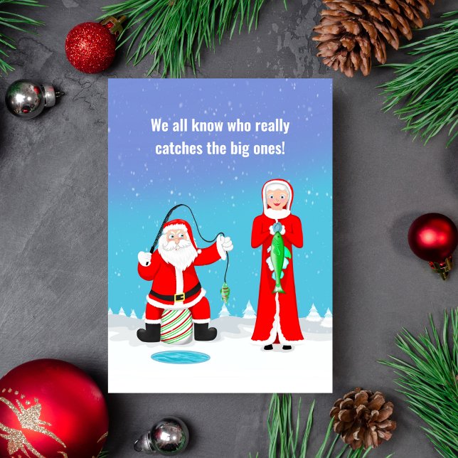 Tarjeta Navidades divertidos, Sra. Claus Beats Santa, En P (A funny card to send to your fishing buddy who can take a joke!)