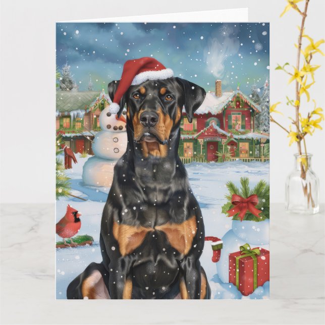Tarjeta Navidades Doberman Winter Wonderland (flor amarilla)