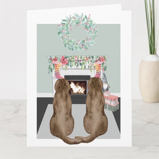 Tarjeta Navidades Dos Choc Labrador Perros Chimenea Escena (Anverso)