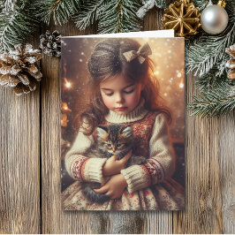 Tarjeta Navidades dulces de Little Girl y Kitten