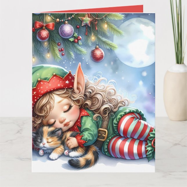 Tarjeta Navidades durmientes Elf con Calico Kitten (Anverso)