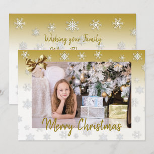 Tarjeta Navidades elegantes con copos de nieve blancos y d