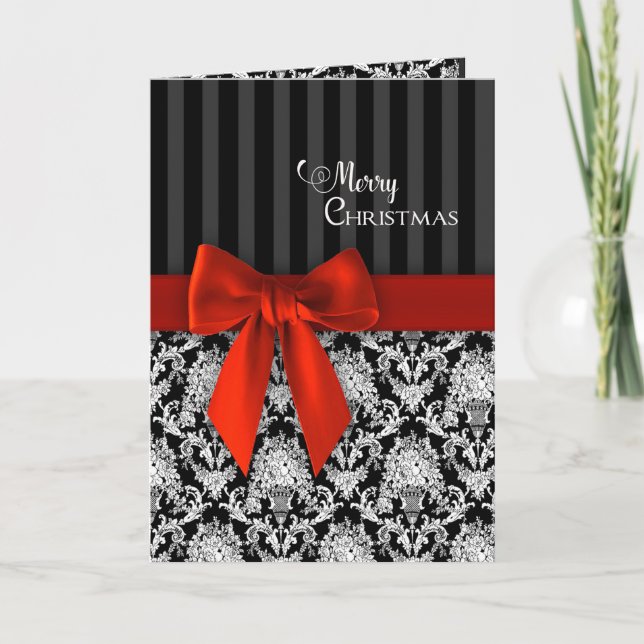 Tarjeta Navidades, elegantes patrones negros/blancos/cinta (Anverso)