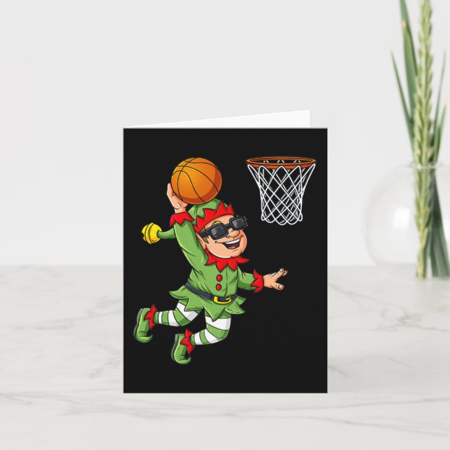 Tarjeta Navidades Elf Dunking Un Básquetbol Divertido Niño (Anverso)