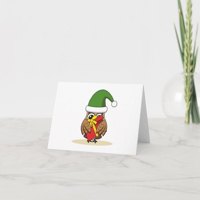 Tarjeta Navidades Elf Owl con presente (Anverso)