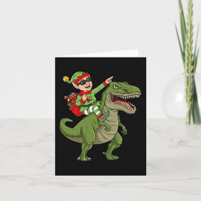 Tarjeta Navidades Elf Riding Dinosaur T Rex Niños Diversió (Anverso)