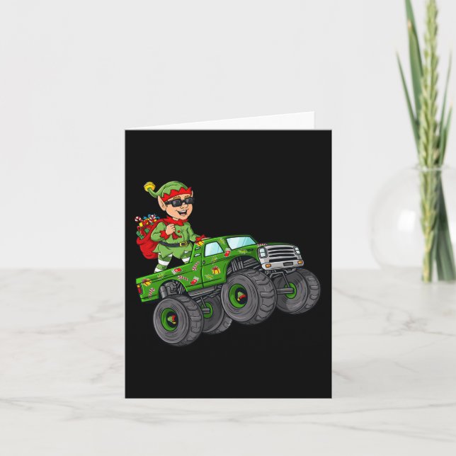 Tarjeta Navidades Elf Riding Monster Camión Niños Familia (Anverso)