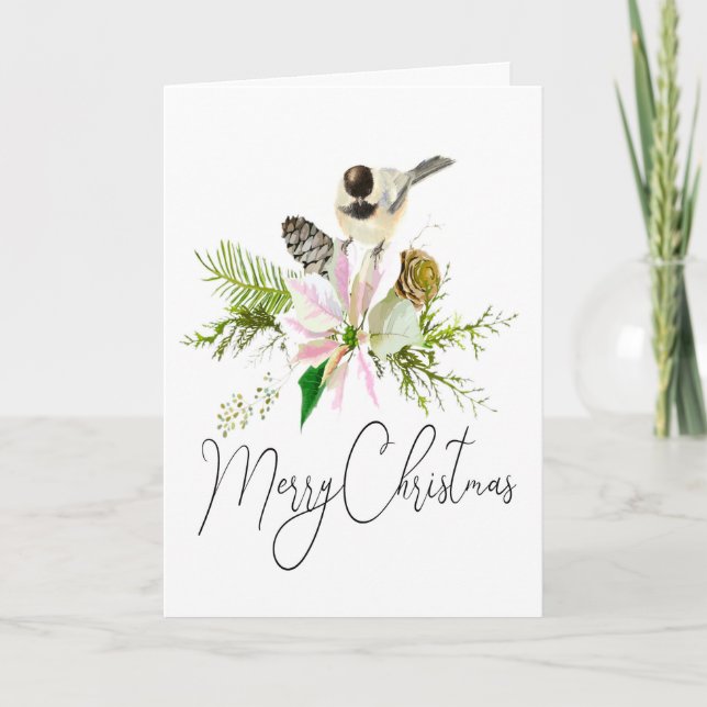 Tarjeta Navidades en blanco Chickadee Bird Pointsettia (Anverso)