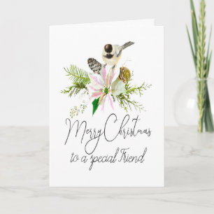 Tarjeta Navidades en blanco Chickadee Bird Pointsettia Fri