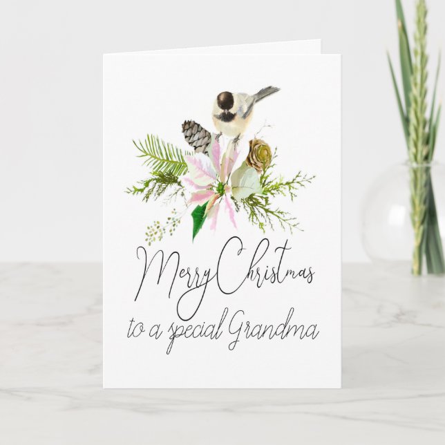 Tarjeta Navidades en blanco Chickadee Bird Pointsettia Gra (Anverso)