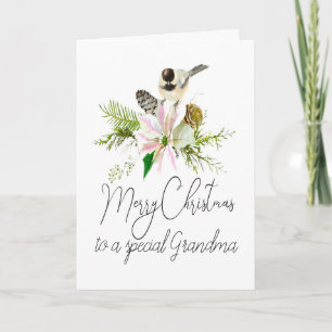 Tarjeta Navidades en blanco Chickadee Bird Pointsettia Gra