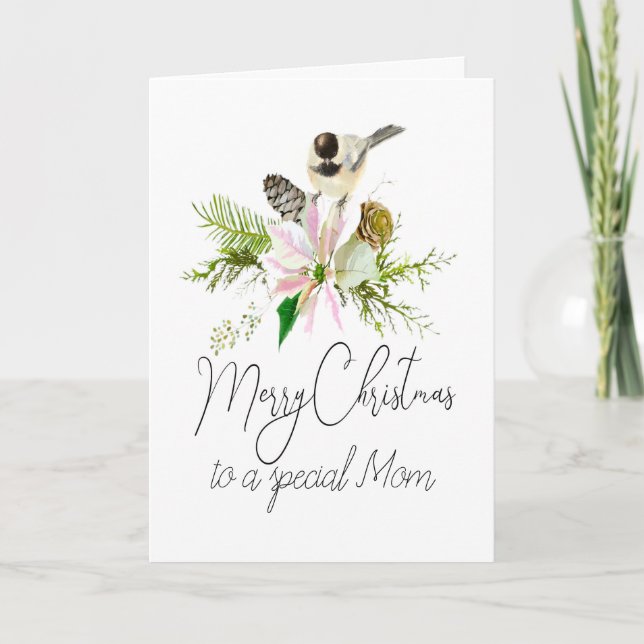 Tarjeta Navidades en blanco Chickadee Bird Pointsettia Mom (Anverso)