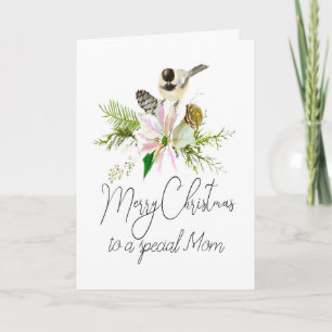 Tarjeta Navidades en blanco Chickadee Bird Pointsettia Mom