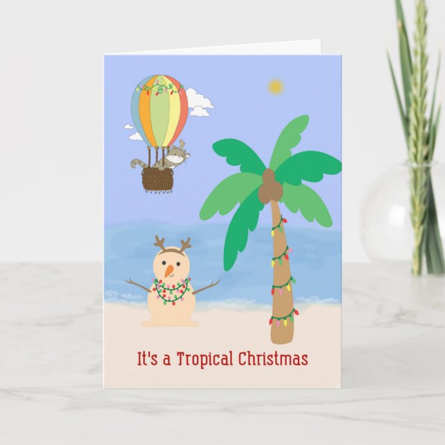 Tarjeta Navidades en la palmera tropical y muñeco de arena (Anverso)
