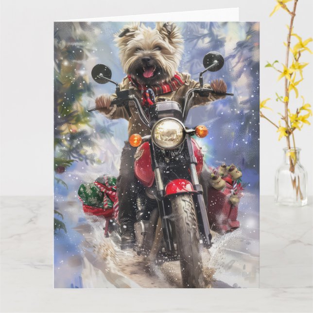 Tarjeta Navidades en moto de Cairn Terrier (flor amarilla)