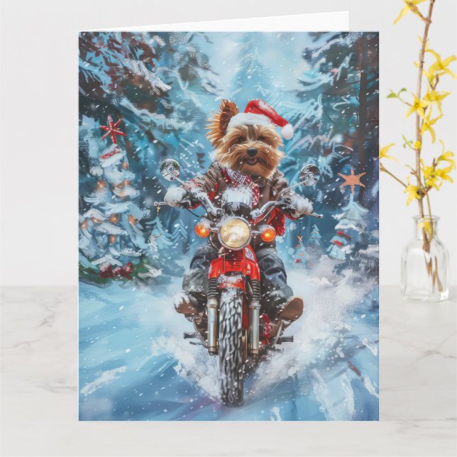 Tarjeta Navidades en motocicleta de Biewer Terrier Dog Rid (flor amarilla)