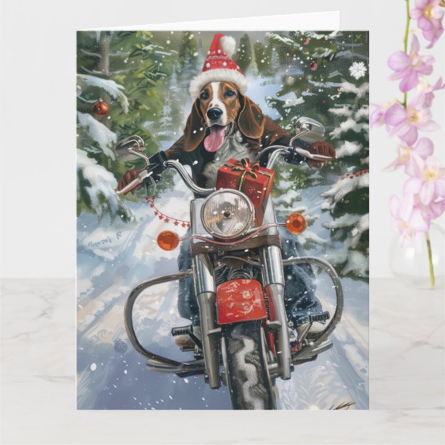 Tarjeta Navidades en motocicleta de Bluetick Coonhound Dog (Orquídea)