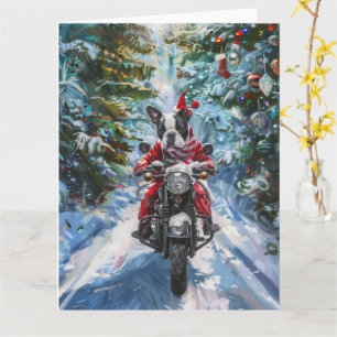 Tarjeta Navidades en motocicleta de Boston Terrier Dog Rid