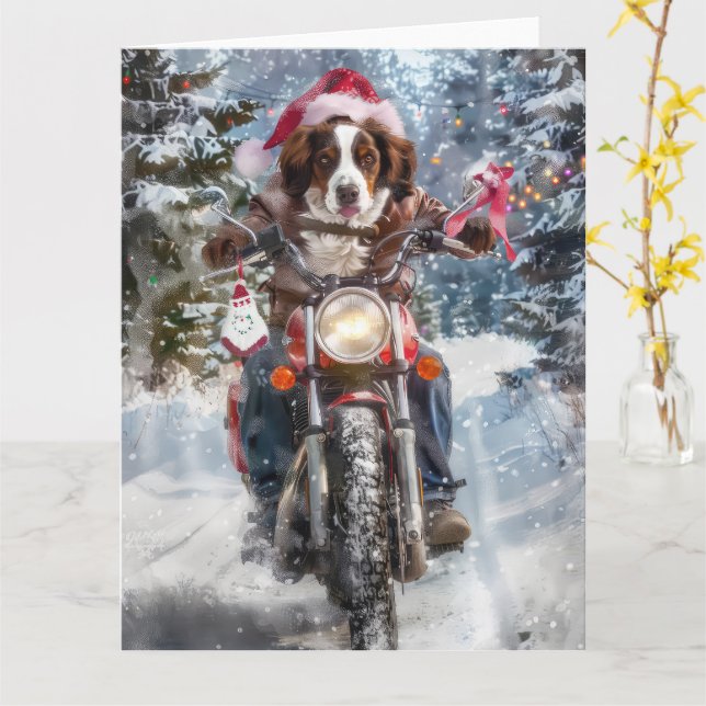 Tarjeta Navidades en motocicleta de Brittany Spaniel (flor amarilla)