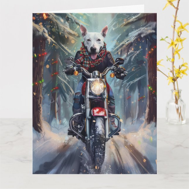 Tarjeta Navidades en motocicleta de Bull Terrier Dog Ridin (flor amarilla)