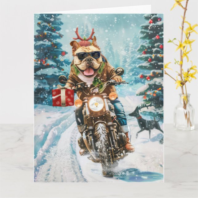 Tarjeta Navidades en motocicleta de bulldog (flor amarilla)