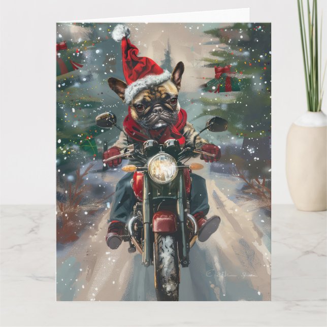 Tarjeta Navidades en motocicleta de Bulldog francés (Anverso)