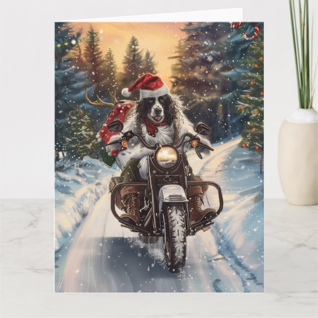 Tarjeta Navidades en motocicleta de la equitación del perr (Anverso)