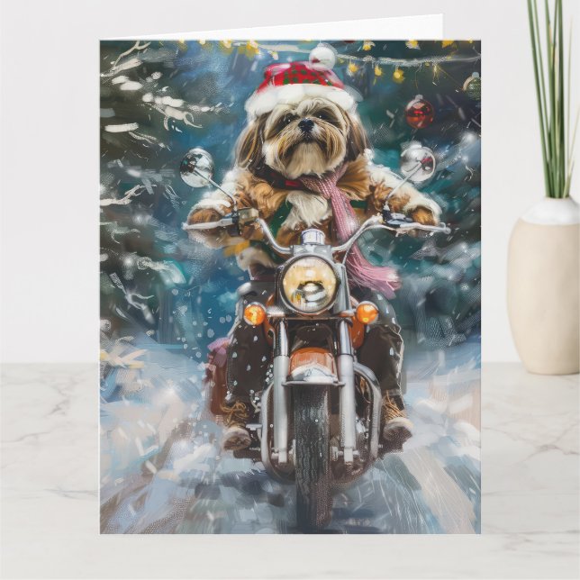 Tarjeta Navidades en motocicleta de lhasa Apso Dog Riding (Anverso)