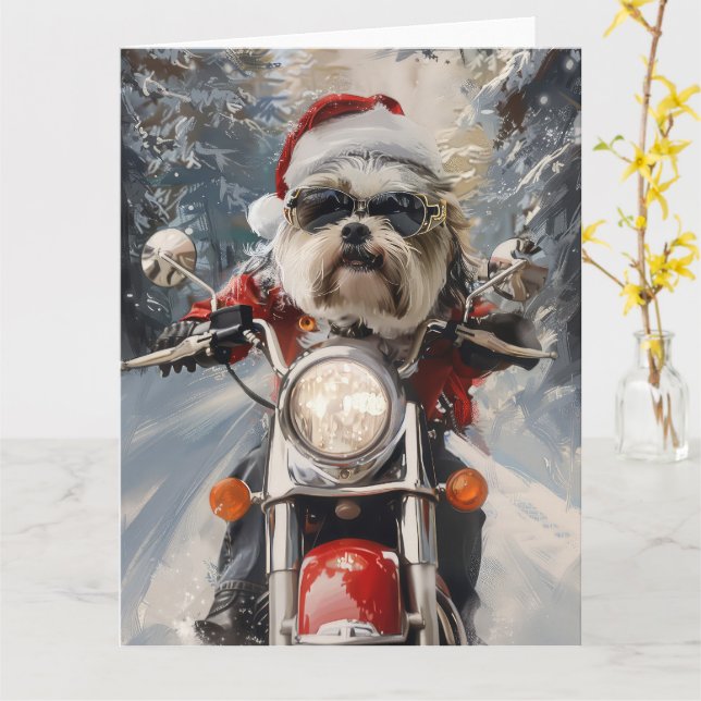 Tarjeta Navidades en motocicleta de Malti Tzu (flor amarilla)