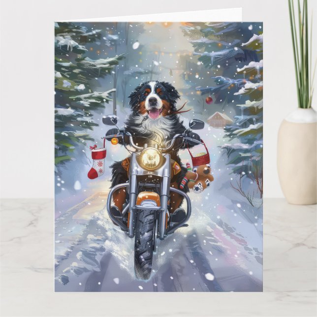 Tarjeta Navidades en motocicleta de Montaña Perro de Berna (Anverso)