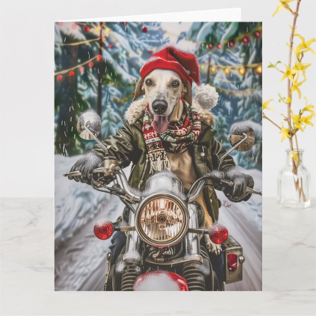 Tarjeta Navidades en motocicleta de perros de Greyhound (flor amarilla)