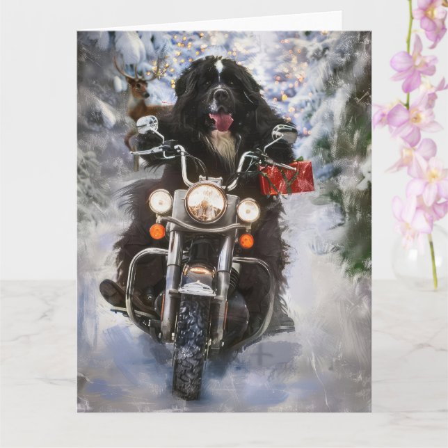 Tarjeta Navidades en motocicleta de perros de Terranova (Orquídea)