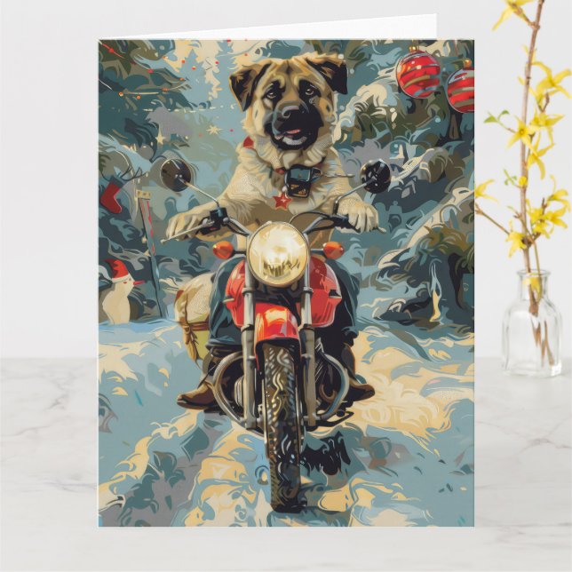 Tarjeta Navidades en motocicleta del Pastor Anatoliano (flor amarilla)