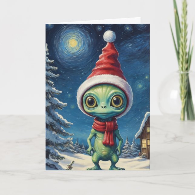 Tarjeta Navidades espaciales Starry Night Cute Alien (Anverso)