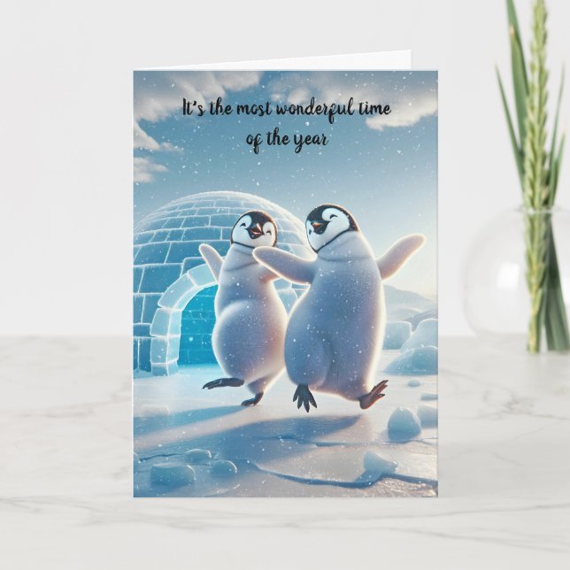 Tarjeta Navidades felices bailando pingüinos (Anverso)