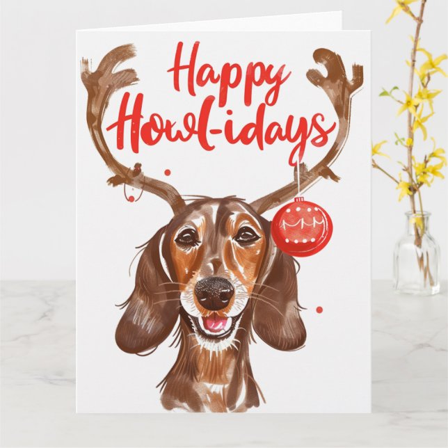 Tarjeta Navidades felices de Howli-Days Dachshund (flor amarilla)