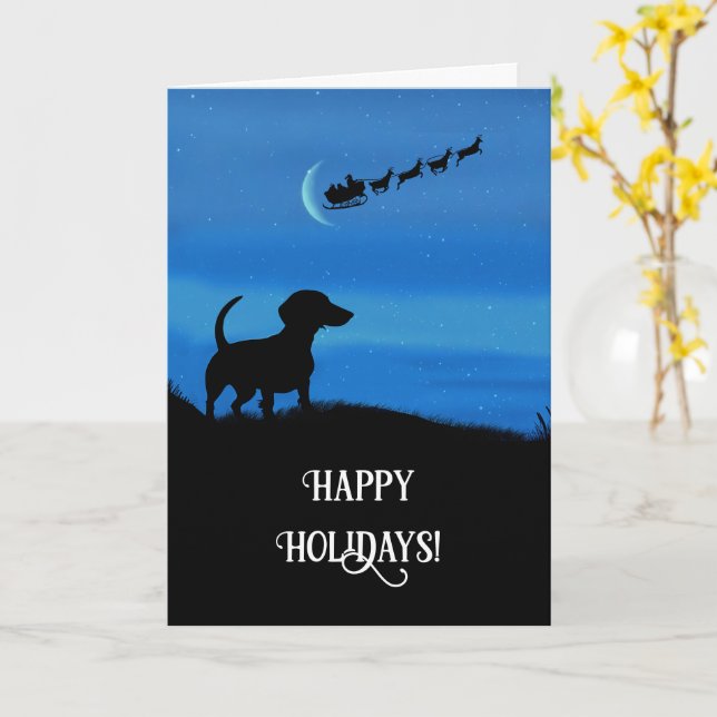 Tarjeta Navidades Felices Fiestas con Cute Dachshund (flor amarilla)