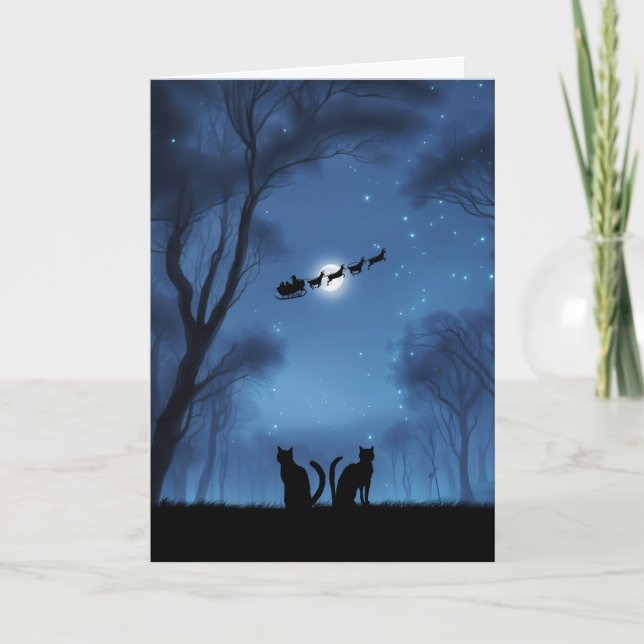 Tarjeta Navidades Felices Fiestas con gatos en la noche (Anverso)