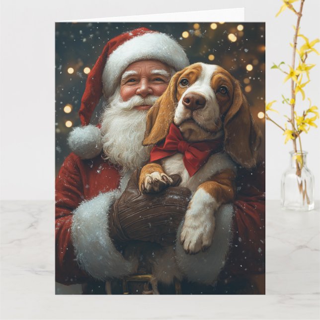Tarjeta Navidades festivos de Basset Hound con Santa Claus (flor amarilla)