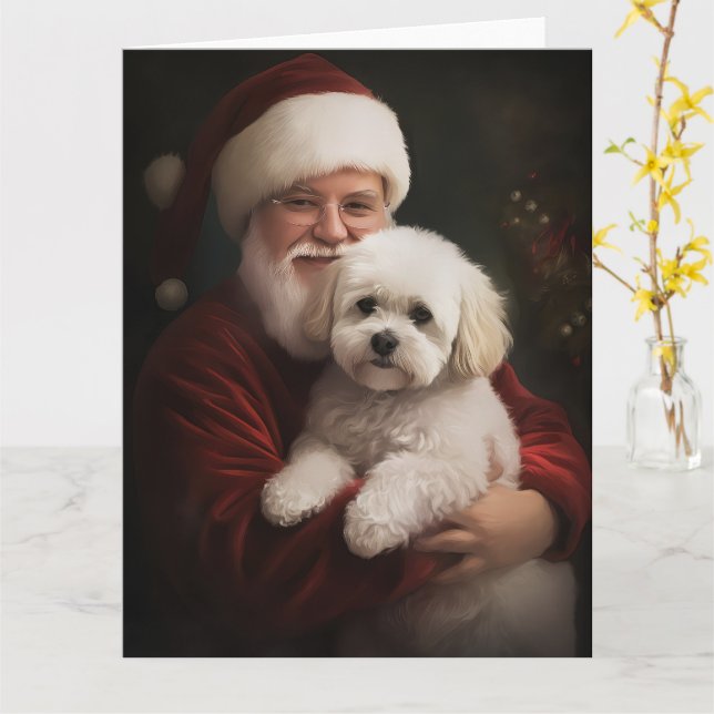 Tarjeta Navidades festivos de Bichon Frise con Santa Claus (flor amarilla)