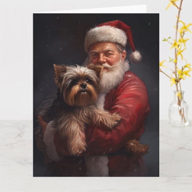 Tarjeta Navidades festivos de Yorkshire Terrier Santa Clau (flor amarilla)